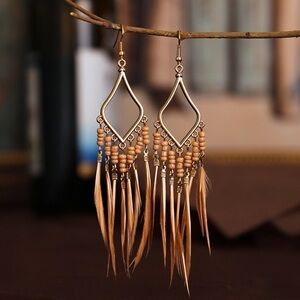 Bohemian Long Tassel Beaded Feather Drop Earrings Light Coffee Brown Color